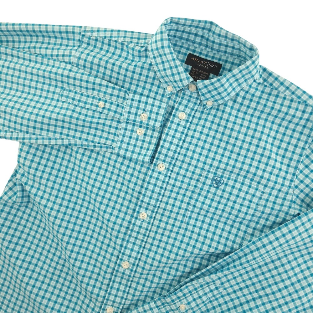 Ariat Shirt Boys 18 Blue Gingham Long Sleeve Button Down Pro Series Western Logo